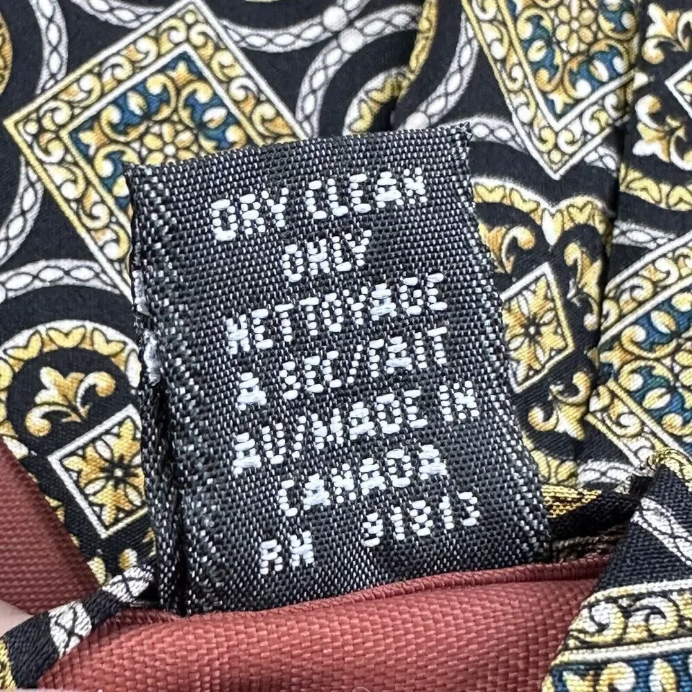 Christian Dior Silk Neck Tie Men Geometric Medallion Black Yellow Made in Canada